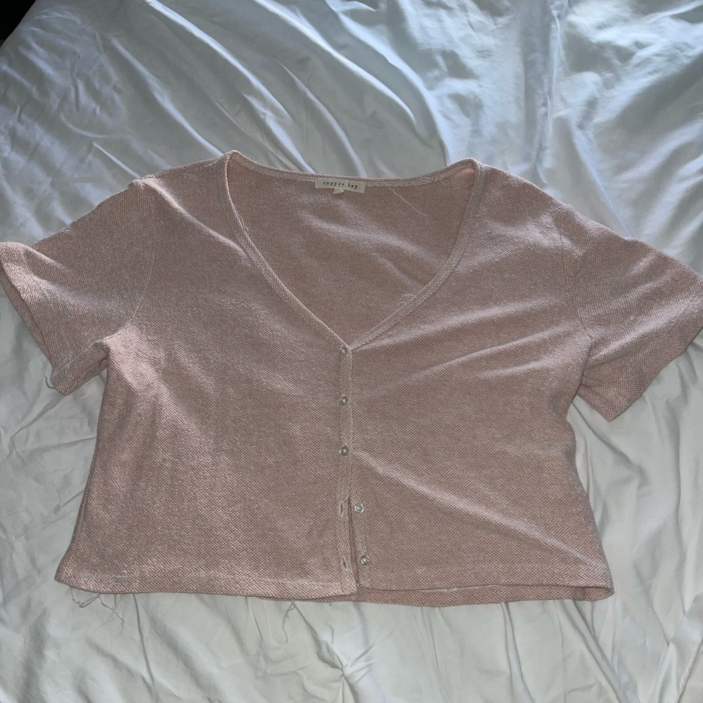light pink knit cropped button up
